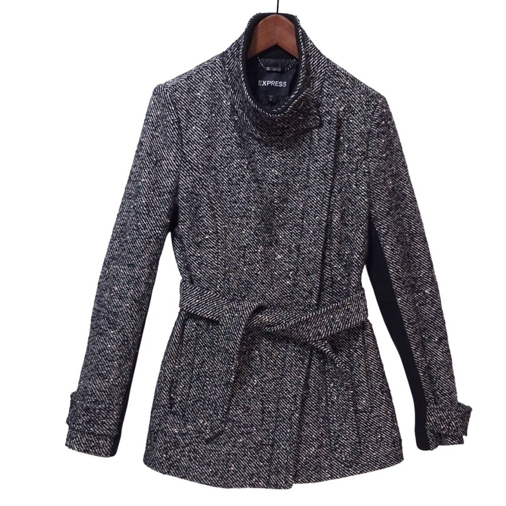 EXPRESS Tweed Belted Wool Coat Women's Sz M Jacket Stand Collar Y2K‎ Minimalist